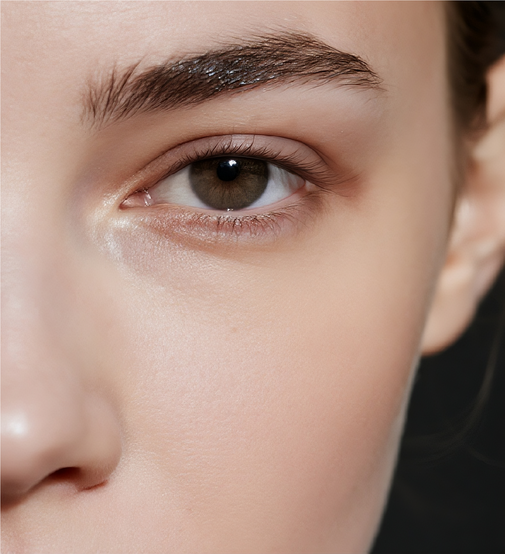Bare eye close-up without false lashes or eyeliner; natural skin texture and eyebrow detail visible