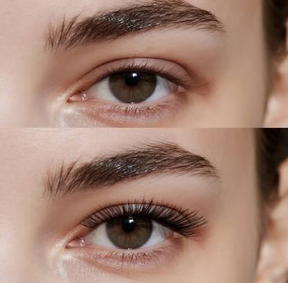 Close-up showing wispy 10–12mm fake lashes, CC curl and soft cotton band; reusable strip lashes delivering airy volume for everyday soft glam