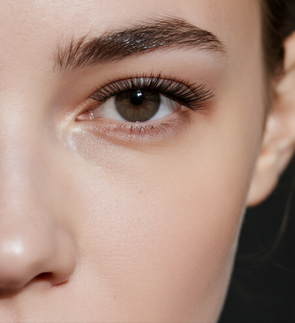 Before/after eye comparison with short 10–12mm false eyelashes, subtle J curl and invisible band; beginner-friendly fake lashes for office looks