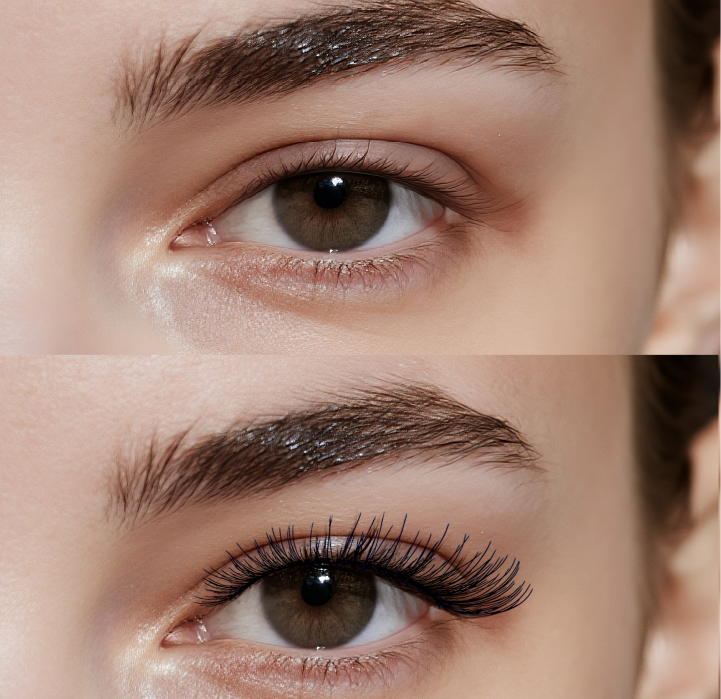 Close-up before/after of natural strip lashes, 12–14mm C curl with a clear band; lightweight, reusable false eyelashes/fake lashes for everyday makeup