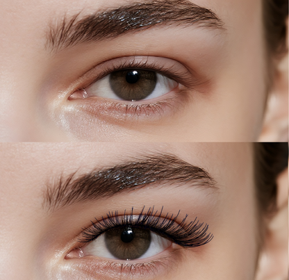 Close-up before/after of natural strip lashes, 12–14mm C curl with a clear band; lightweight, reusable false eyelashes/fake lashes for everyday makeup
