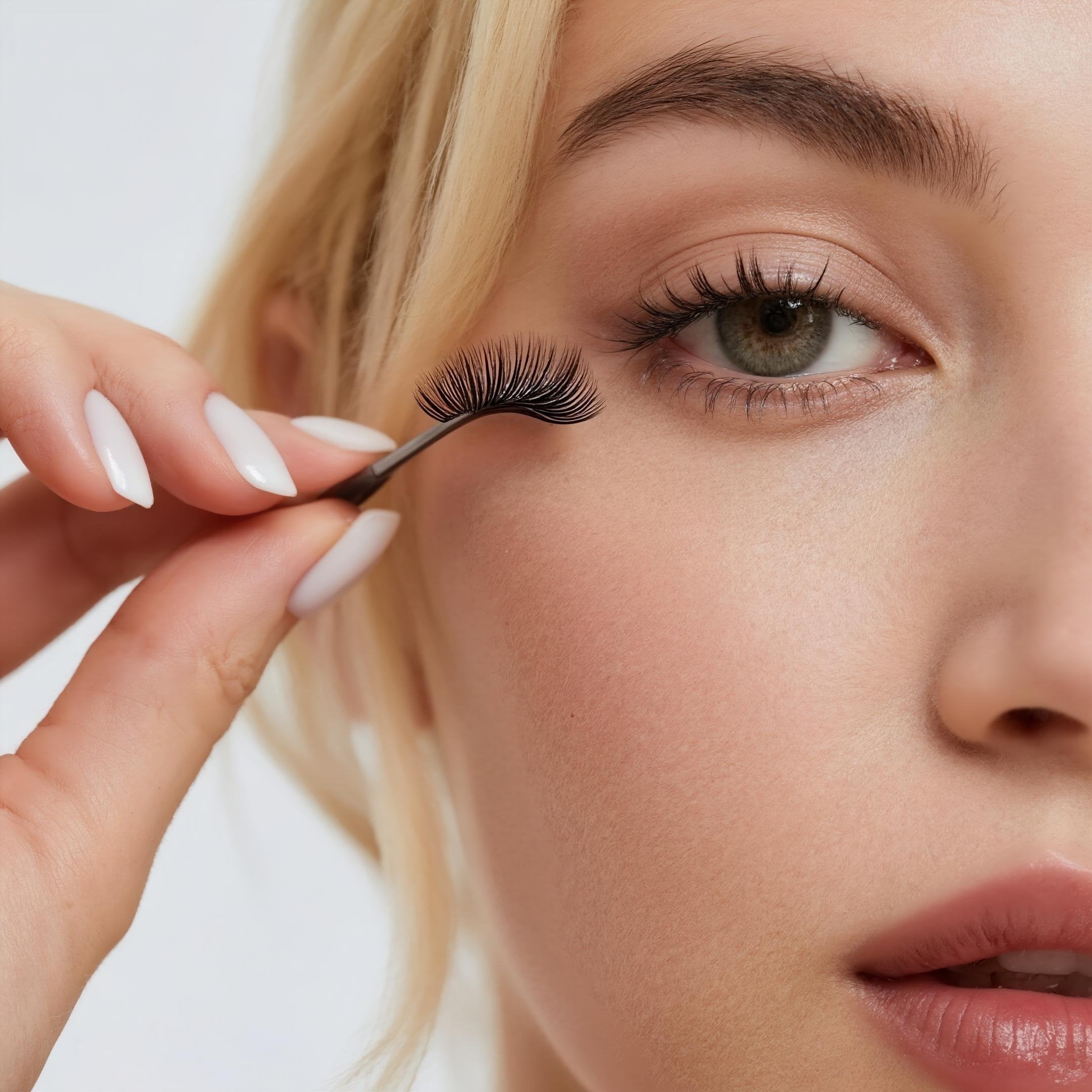 Close-up of a model aligning a strip false lash to the upper lash line with an applicator tool; minimal eye makeup and natural skin texture