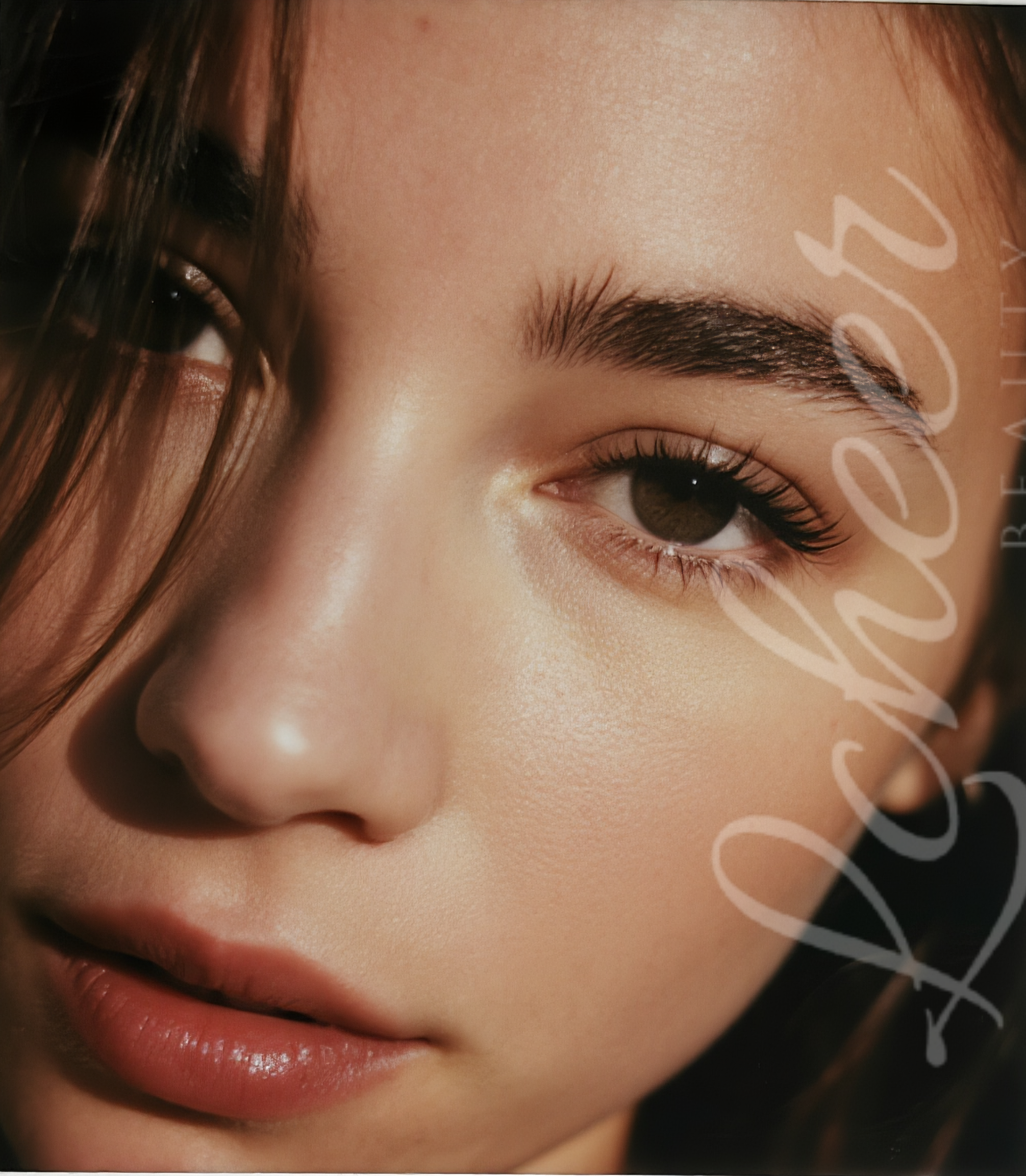 Ultra-close portrait with false lashes; natural skin and nude lips in soft sunlight, with a semi-transparent LCHEER Beauty overlay on the right