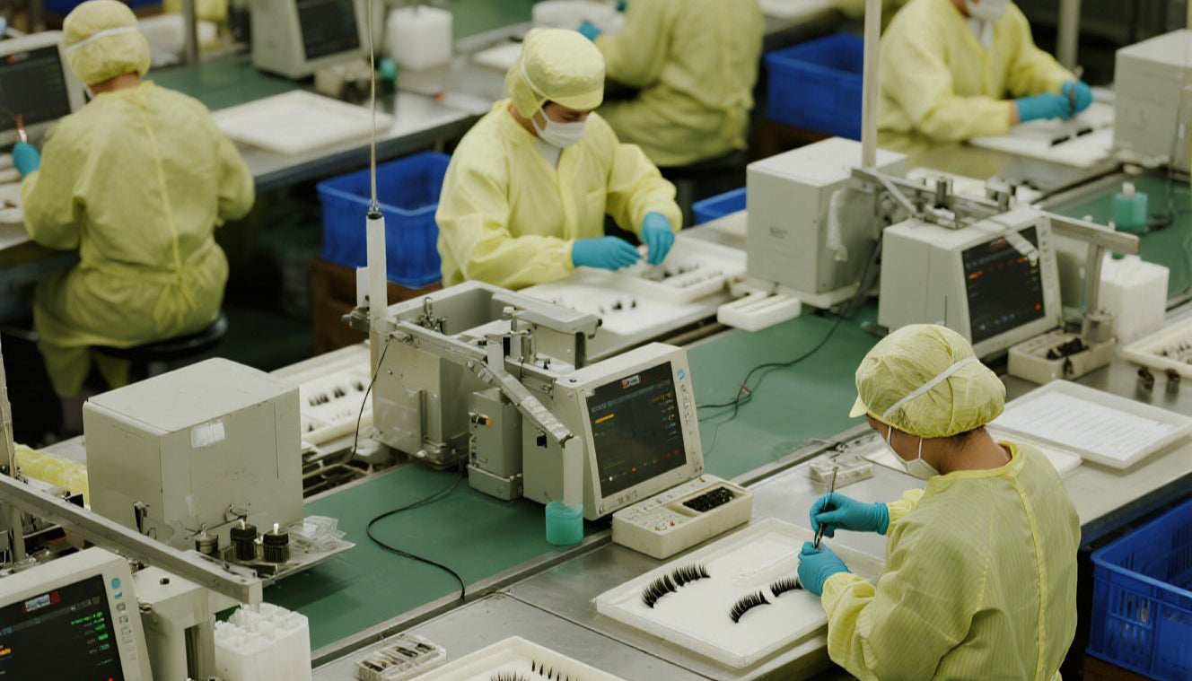 False-eyelash manufacturing line with workers in protective gear performing assembly and quality inspection; sample trays in foreground