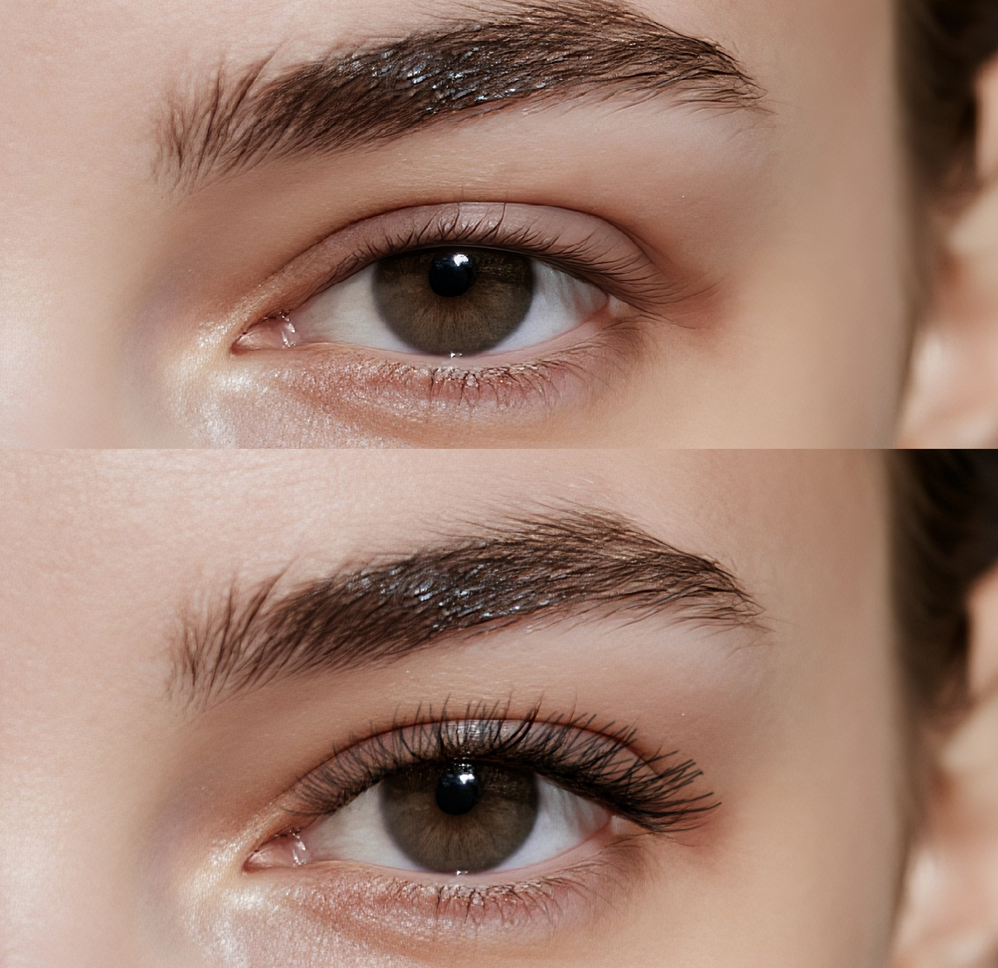 LCHEER before/after demo of cat-eye strip lashes, 10–12mm with clear band; tapered ends false eyelashes flattering almond and hooded eyes