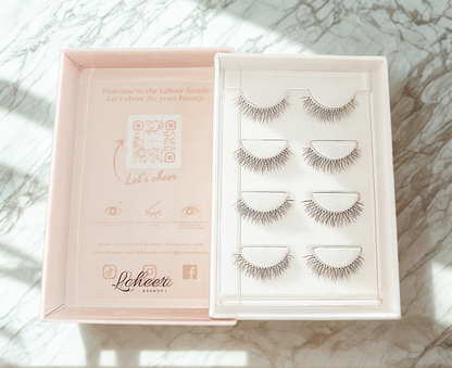 LCHEER before/after demo wearing 12mm strip lashes, clear band; reusable false eyelashes/fake lashes enhancing everyday eye makeup
