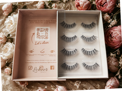 LCHEER 12mm strip lashes with clear band, natural and lightweight; reusable false eyelashes 4-pack for everyday makeup and soft-glam looks