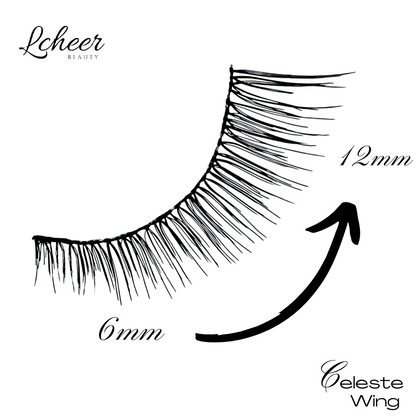 LCHEER Celeste Wing strip lashes style chart showing 6 mm inner to 12 mm outer length, tapered cat-eye wing for everyday eye makeup