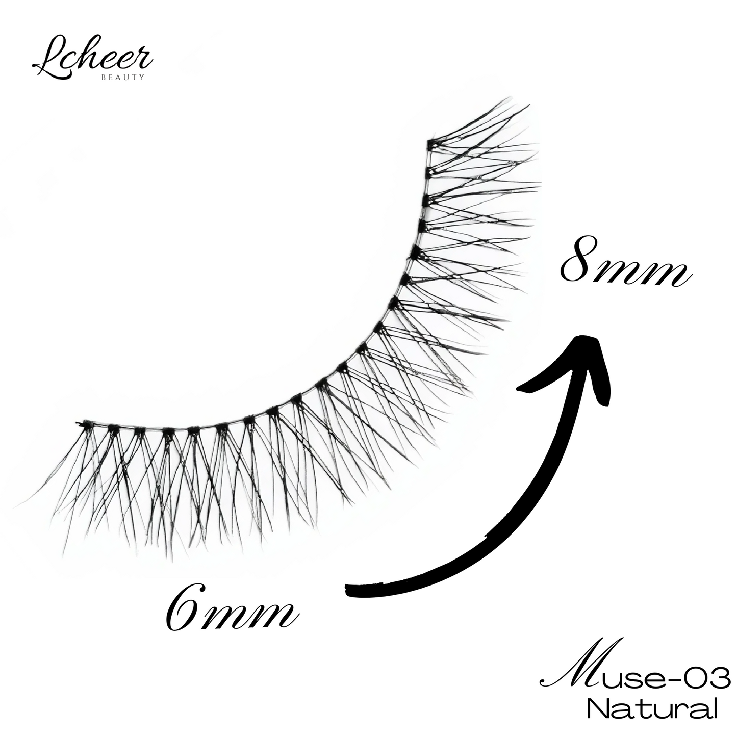 Style schematic of fake lashes Celeste Wing, cat-eye curve with short inner 6 mm and long outer 12 mm; lightweight strip lashes mapping