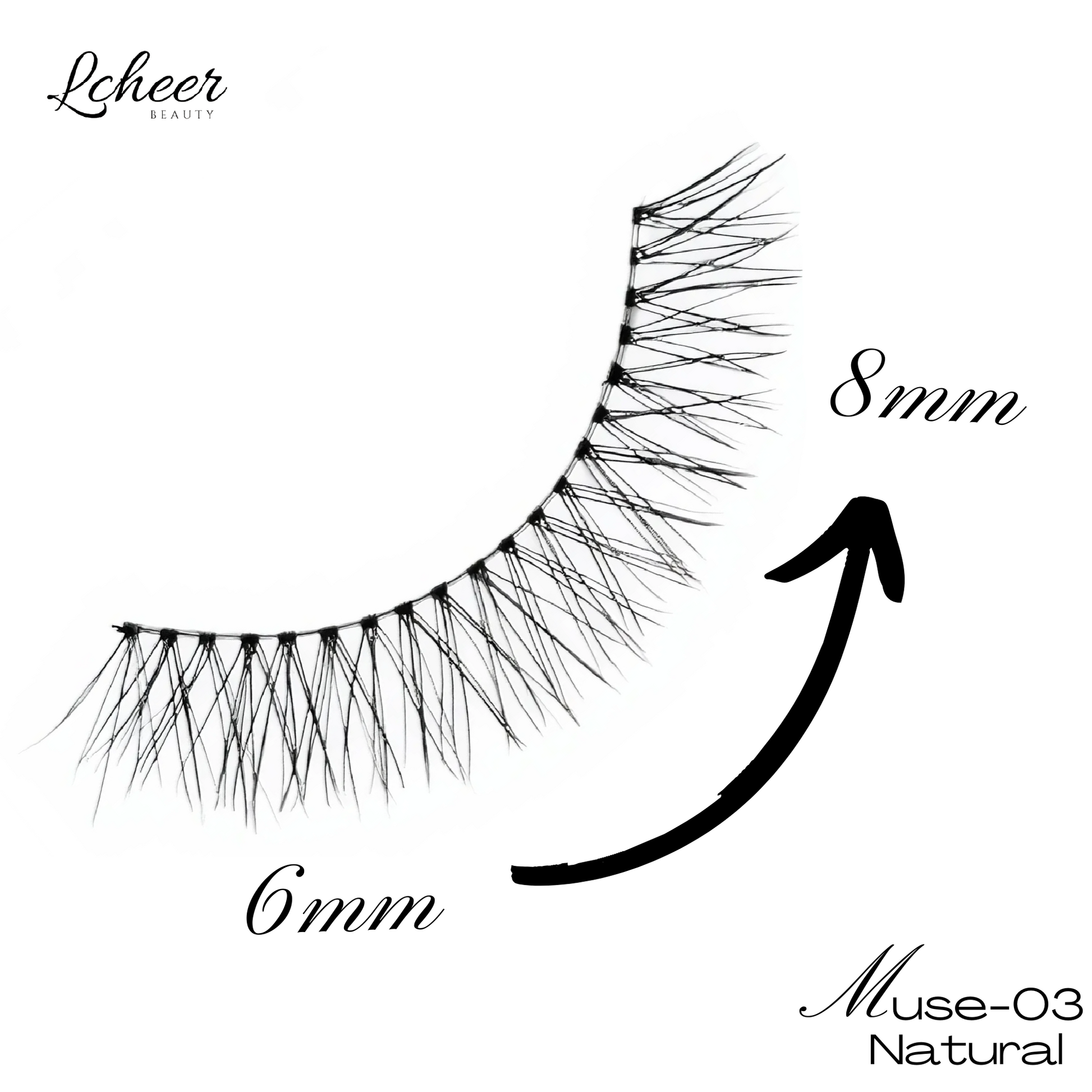 Style schematic of fake lashes Celeste Wing, cat-eye curve with short inner 6 mm and long outer 12 mm; lightweight strip lashes mapping