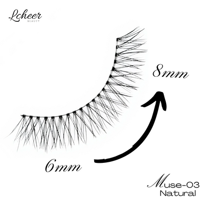 Style schematic of fake lashes Celeste Wing, cat-eye curve with short inner 6 mm and long outer 12 mm; lightweight strip lashes mapping