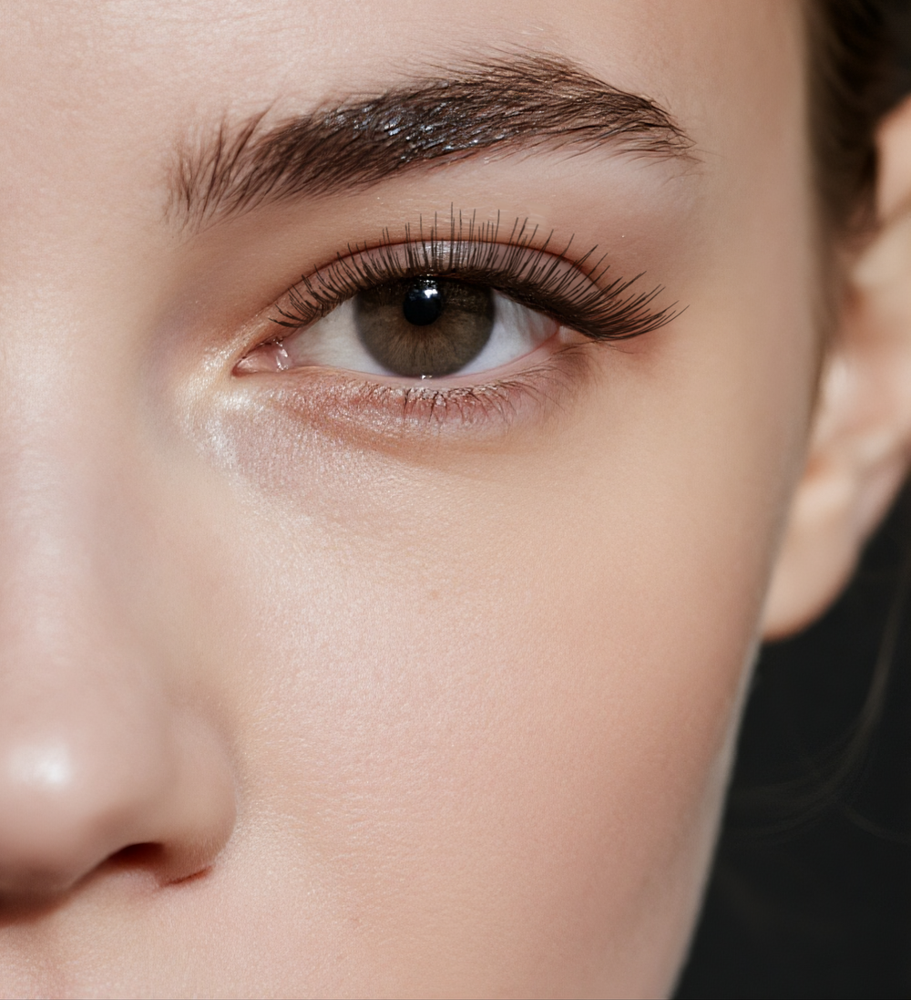 Close-up eye wearing natural strip lashes, 12–14mm C curl with a clear band; lightweight reusable false eyelashes for everyday makeup