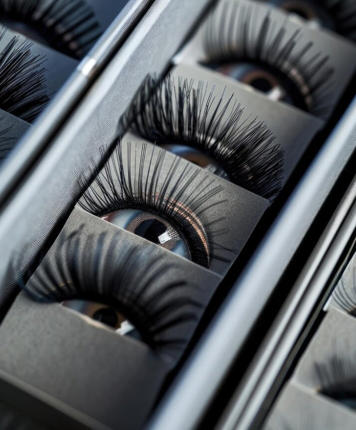 Close-up of false eyelash pairs arranged in a premium tray box, highlighting curl and volume
