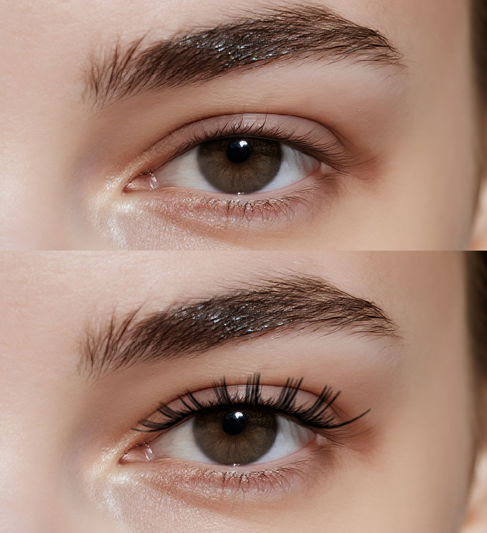 Half-face close-up before and after applying strip lashes; natural bare eyelashes shown for comparison with false eyelashes results
